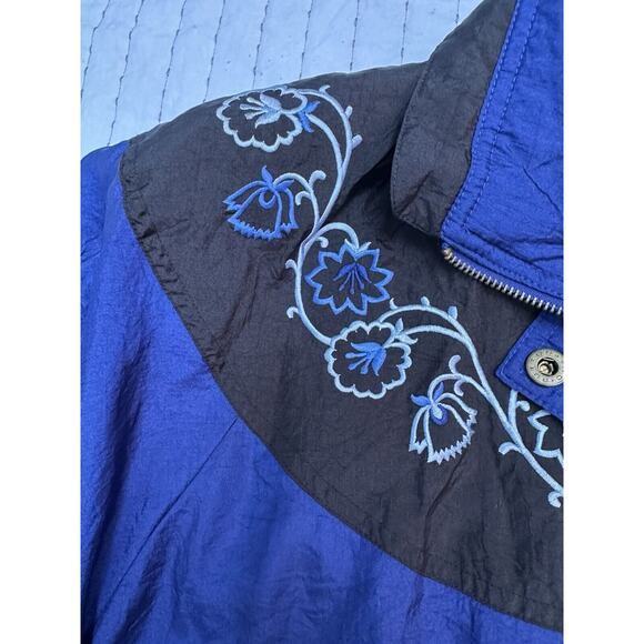 Vintage Lavon Windbreaker Navy Blue Embroidered Flowers Medium Jacket 90s - Picture 6 of 13